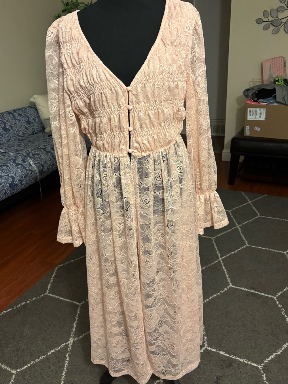 Lace Smocked V-Neck Tunic in Blush Pink